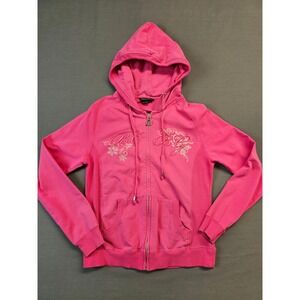 BCBG MAXAZRIA Pink Zip Up Hoodie Heart Graphic Rhinestone Embellished Women